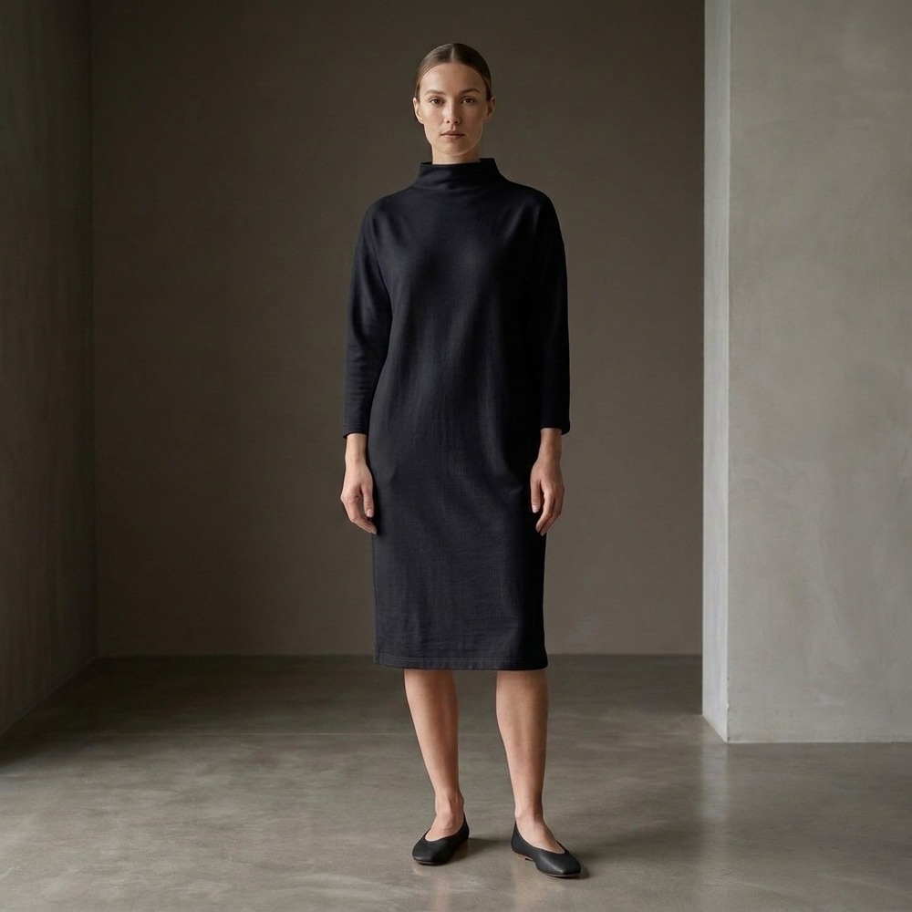 NWT FILOSOFIA Women Turtleneck Dress M Black Supima Cotton Minimalist Loungewear